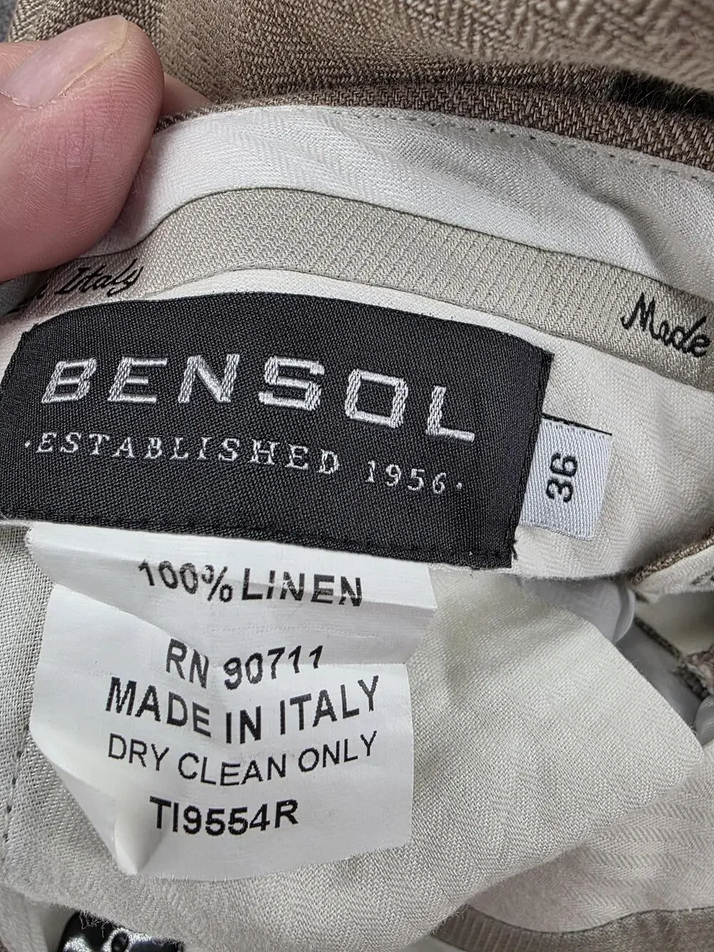 BENSOL Pants Mens 36x32 Beige Linen Slim Tapered Herringbone Dress Pants